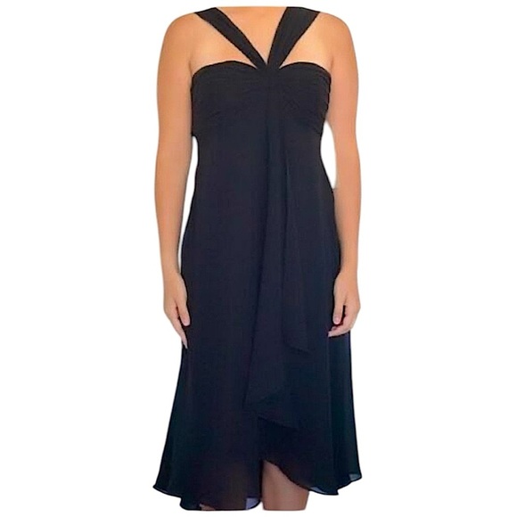 "Maggy London 100% Silk Halter Ruffle Midi Knee Length Dress Black,Size 8 - Picture 1 of 10